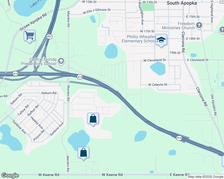 map of restaurants, bars, coffee shops, grocery stores, and more near Florida 414 in Apopka