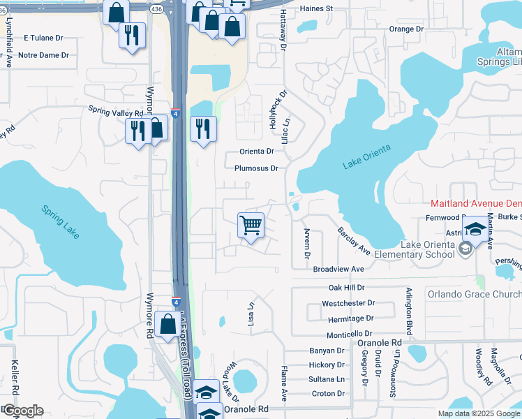map of restaurants, bars, coffee shops, grocery stores, and more near 222 Daisy Lane in Altamonte Springs