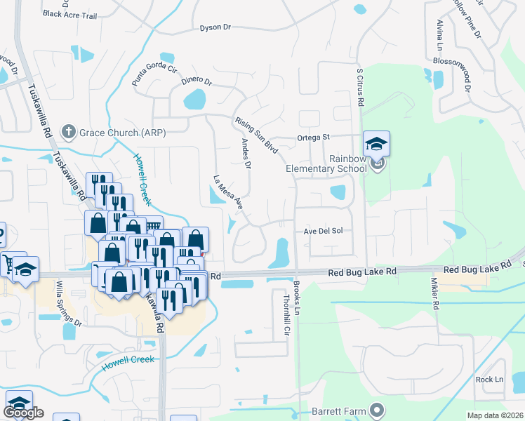 map of restaurants, bars, coffee shops, grocery stores, and more near 1380 San Diego Court in Winter Springs