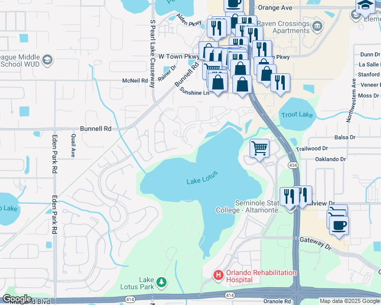 map of restaurants, bars, coffee shops, grocery stores, and more near 1054 Lotus Cove Court in Altamonte Springs