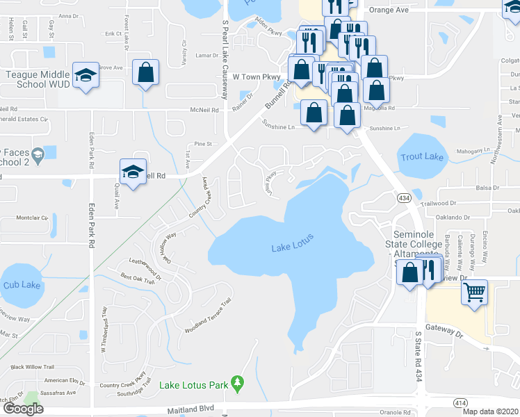 map of restaurants, bars, coffee shops, grocery stores, and more near 1054 Lotus Cove Court in Altamonte Springs