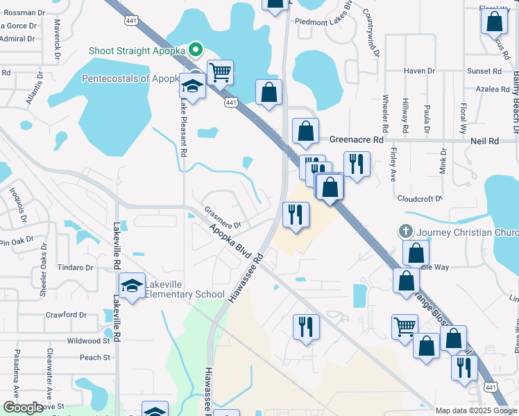 map of restaurants, bars, coffee shops, grocery stores, and more near 1815 Waterbeach Court in Apopka