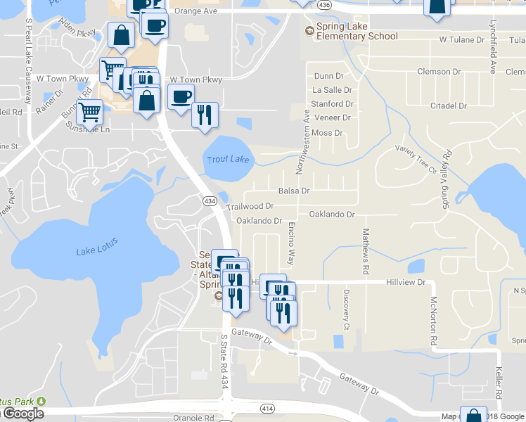 map of restaurants, bars, coffee shops, grocery stores, and more near 749 Trailwood Drive in Altamonte Springs