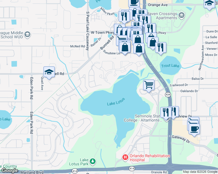 map of restaurants, bars, coffee shops, grocery stores, and more near 1054 Lotus Cove Court in Altamonte Springs