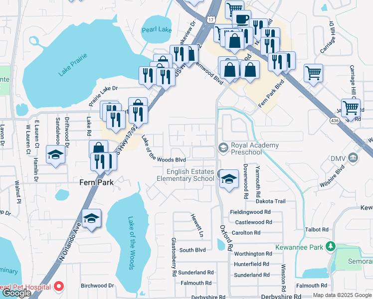 map of restaurants, bars, coffee shops, grocery stores, and more near 170 Laterino Court in Casselberry