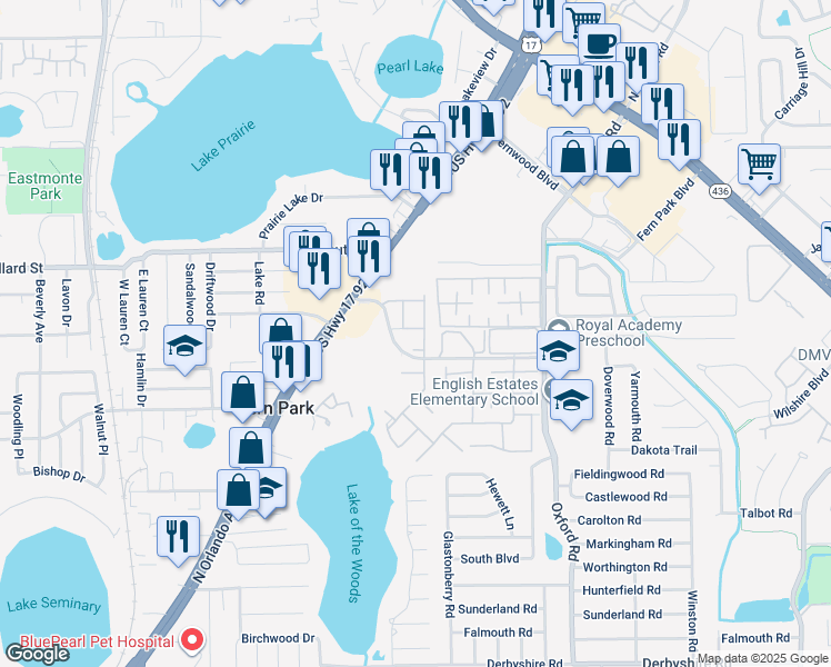 map of restaurants, bars, coffee shops, grocery stores, and more near 1524 Pickwood Avenue in Fern Park