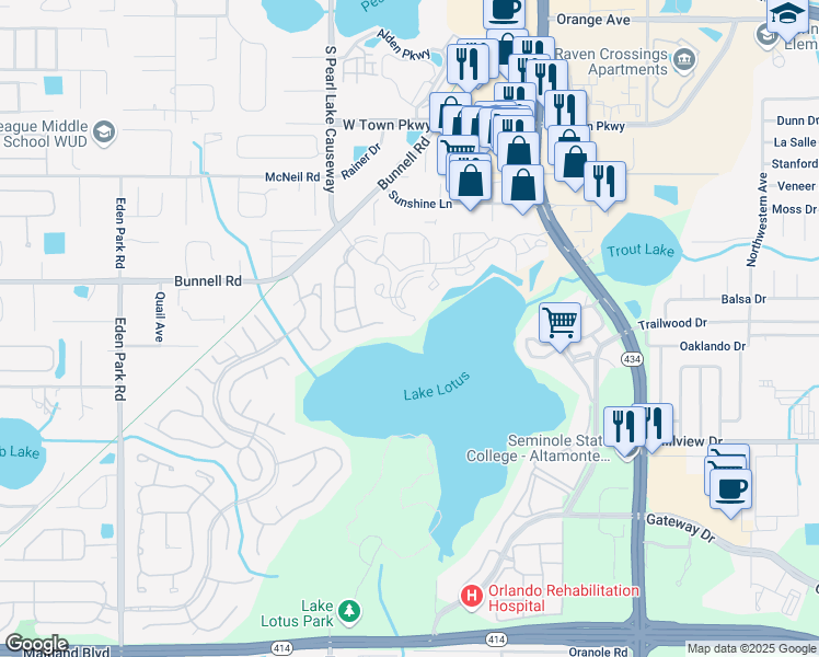 map of restaurants, bars, coffee shops, grocery stores, and more near 1052 Lotus Cove Court in Altamonte Springs
