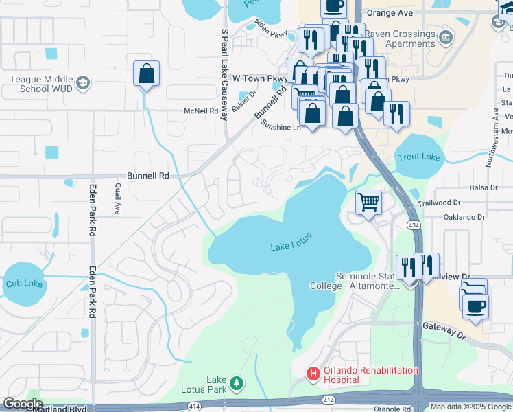 map of restaurants, bars, coffee shops, grocery stores, and more near 583 Brantley Terrace Way in Altamonte Springs