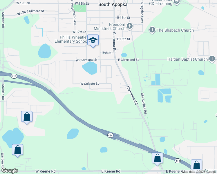 map of restaurants, bars, coffee shops, grocery stores, and more near 26 East Celeste Street in Apopka