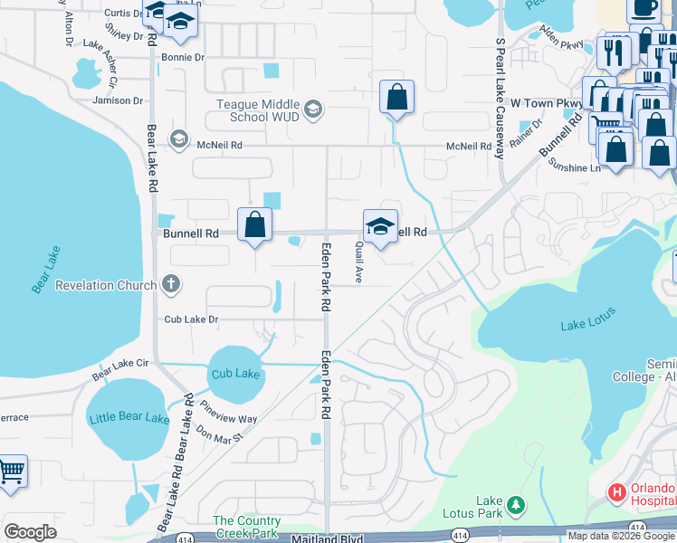 map of restaurants, bars, coffee shops, grocery stores, and more near 595 Eden Park Road in Altamonte Springs