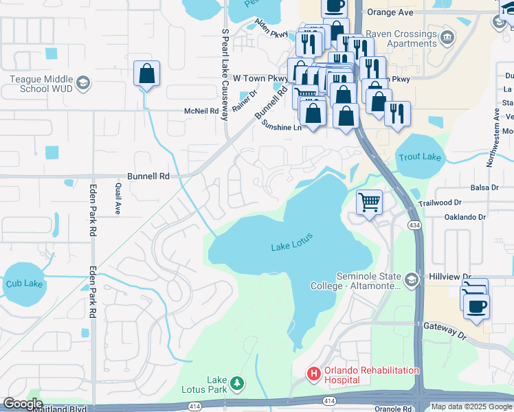 map of restaurants, bars, coffee shops, grocery stores, and more near 583 Brantley Terrace Way in Altamonte Springs