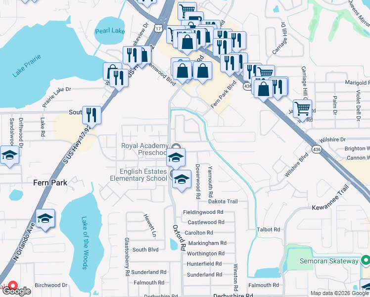 map of restaurants, bars, coffee shops, grocery stores, and more near 122 Waverly Drive in Fern Park