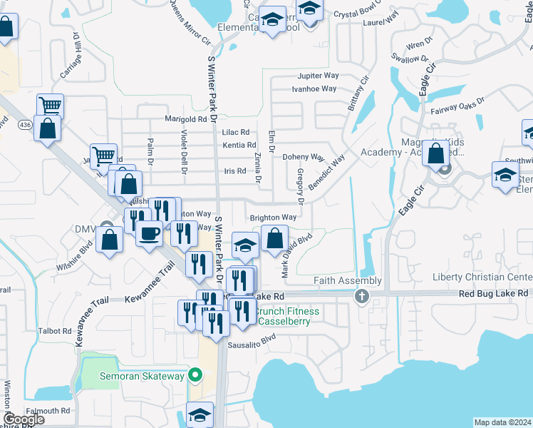 map of restaurants, bars, coffee shops, grocery stores, and more near 510 Brighton Way in Casselberry