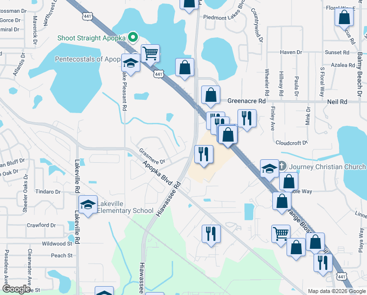 map of restaurants, bars, coffee shops, grocery stores, and more near 2158 Grasmere Drive in Apopka