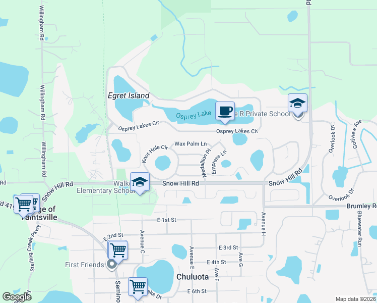 map of restaurants, bars, coffee shops, grocery stores, and more near 521 Wax Palm Lane in Chuluota