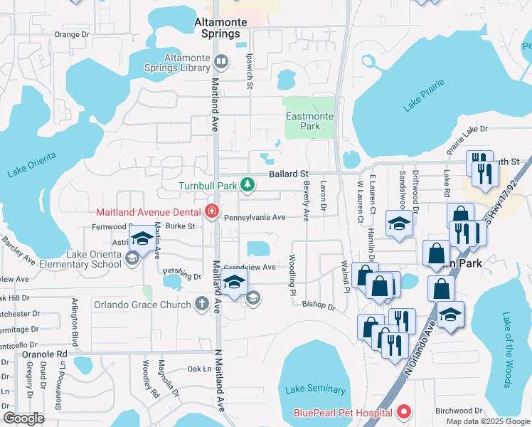 map of restaurants, bars, coffee shops, grocery stores, and more near 817 Pennsylvania Avenue in Altamonte Springs