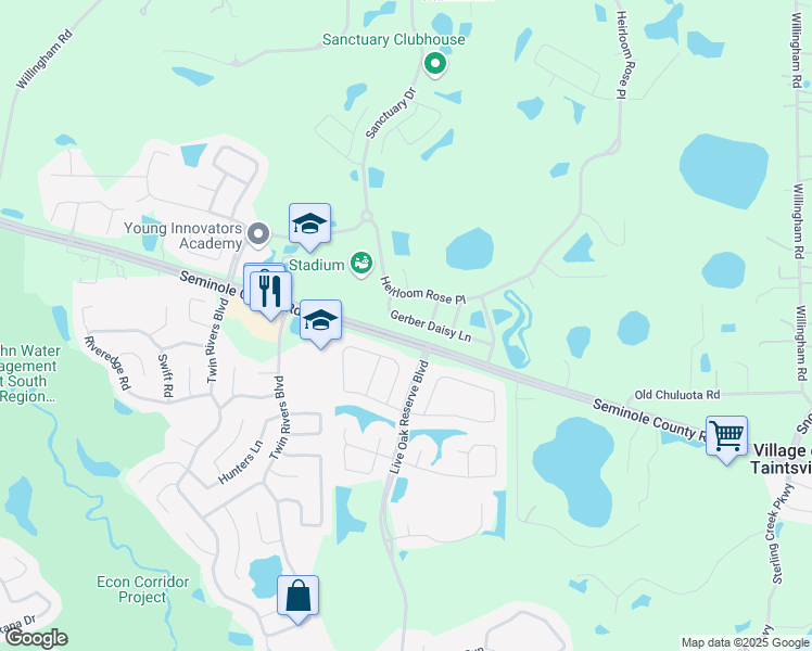 map of restaurants, bars, coffee shops, grocery stores, and more near 3404 Gerber Daisy Lane in Oviedo