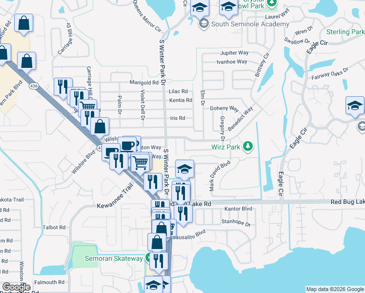 map of restaurants, bars, coffee shops, grocery stores, and more near 803 Debby Drive in Casselberry