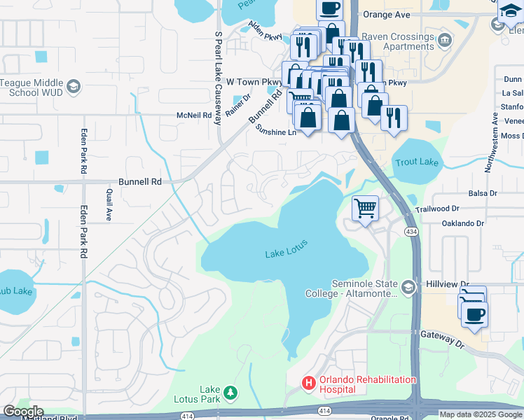 map of restaurants, bars, coffee shops, grocery stores, and more near 1054 Lotus Cove Court in Altamonte Springs