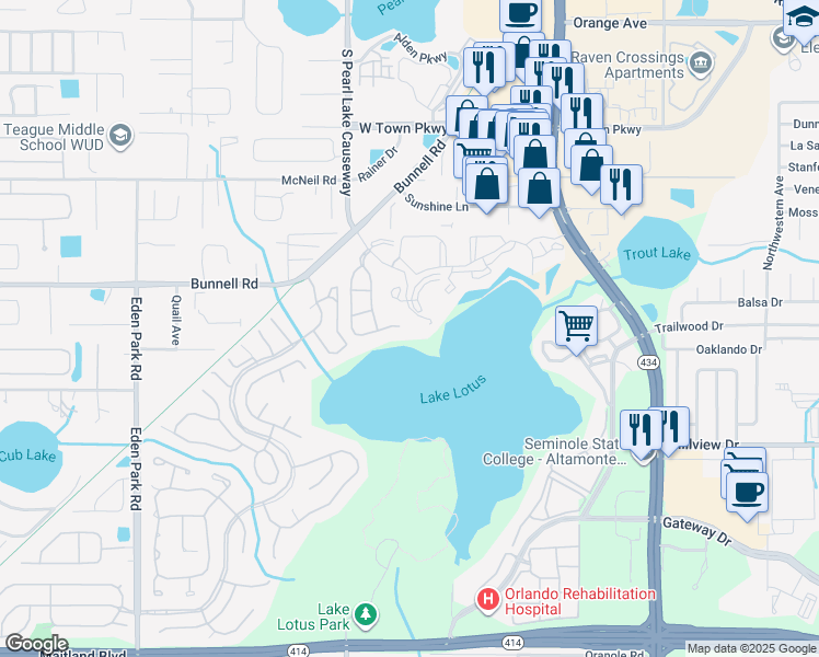 map of restaurants, bars, coffee shops, grocery stores, and more near 1054 Lotus Cove Court in Altamonte Springs