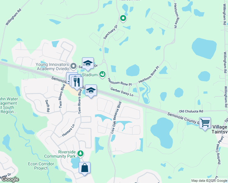 map of restaurants, bars, coffee shops, grocery stores, and more near 3409 Gerber Daisy Lane in Oviedo