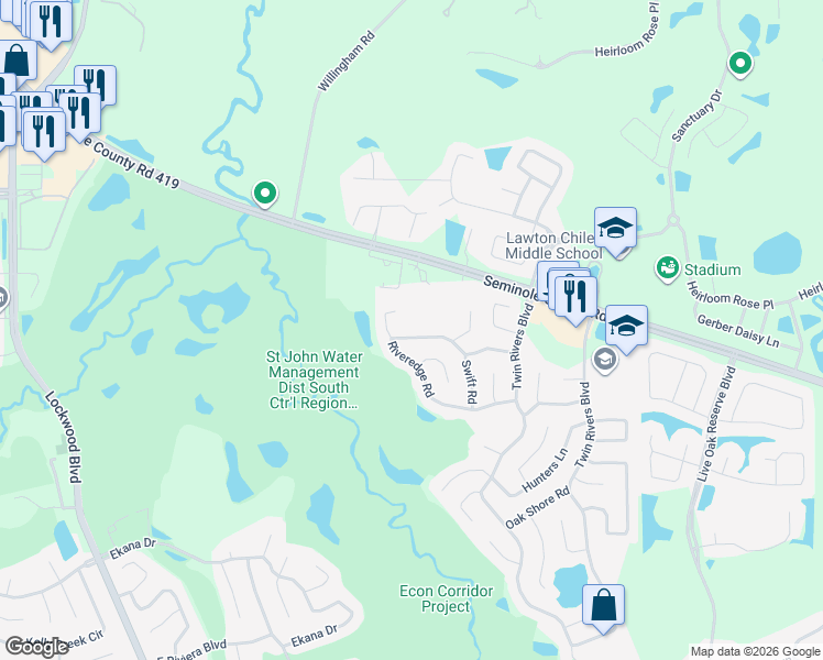 map of restaurants, bars, coffee shops, grocery stores, and more near 1644 Riveredge Road in Oviedo