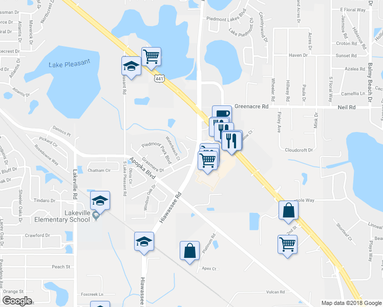 map of restaurants, bars, coffee shops, grocery stores, and more near 2158 Grasmere Drive in Apopka