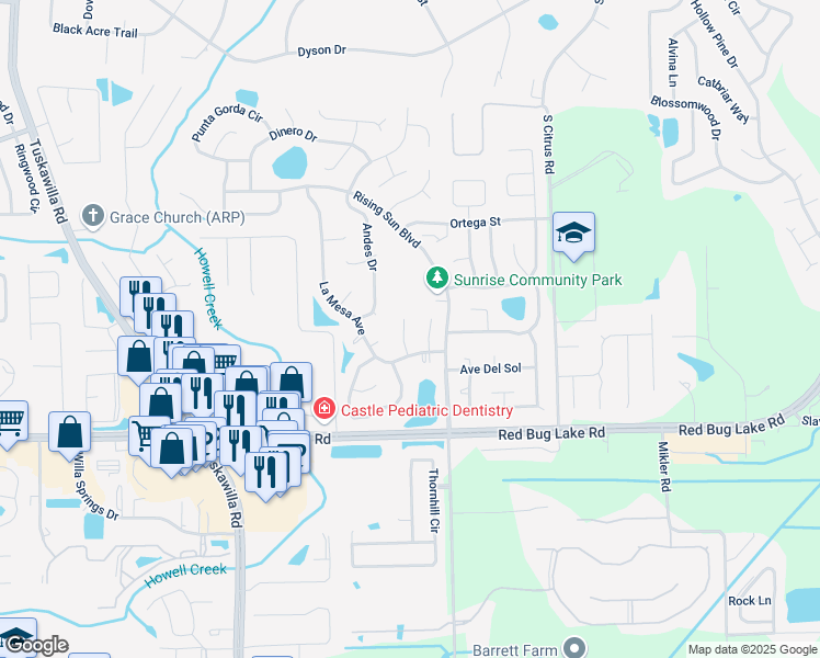 map of restaurants, bars, coffee shops, grocery stores, and more near 1365 San Diego Court in Winter Springs