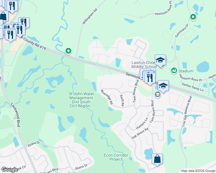 map of restaurants, bars, coffee shops, grocery stores, and more near 1644 Riveredge Road in Oviedo