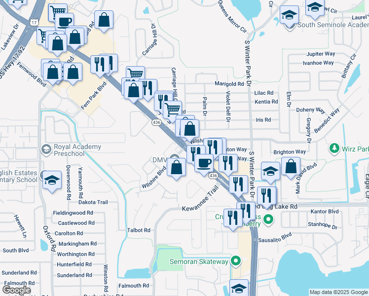 map of restaurants, bars, coffee shops, grocery stores, and more near 709 Florida 436 in Casselberry