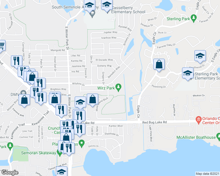 map of restaurants, bars, coffee shops, grocery stores, and more near 802 Mark David Boulevard in Casselberry
