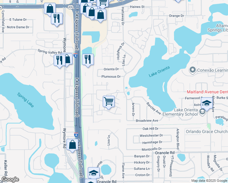 map of restaurants, bars, coffee shops, grocery stores, and more near Sharon Drive in Altamonte Springs