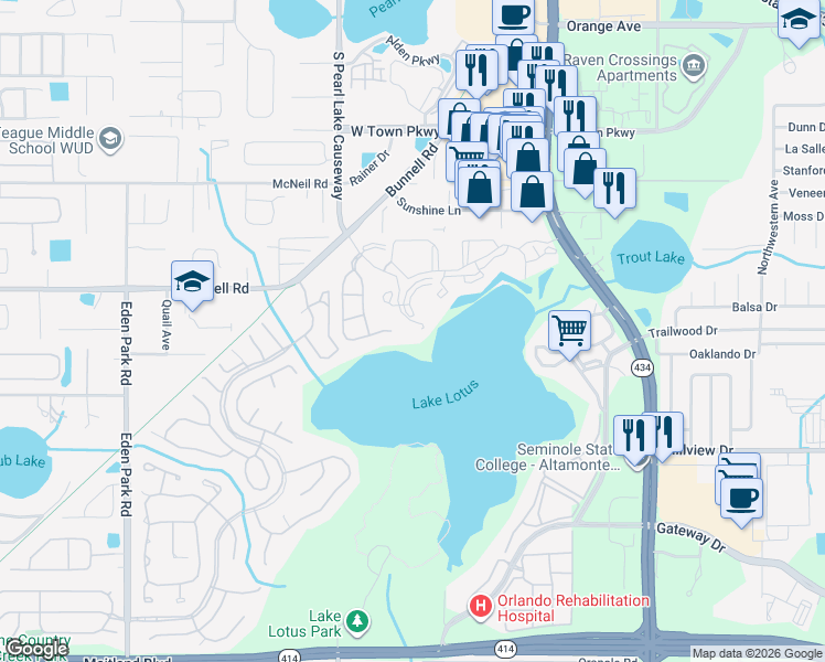 map of restaurants, bars, coffee shops, grocery stores, and more near 1054 Lotus Cove Court in Altamonte Springs