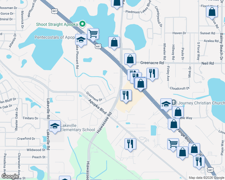 map of restaurants, bars, coffee shops, grocery stores, and more near 2158 Grasmere Drive in Apopka
