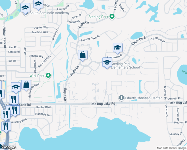 map of restaurants, bars, coffee shops, grocery stores, and more near 201 Spring Wind Way in Casselberry