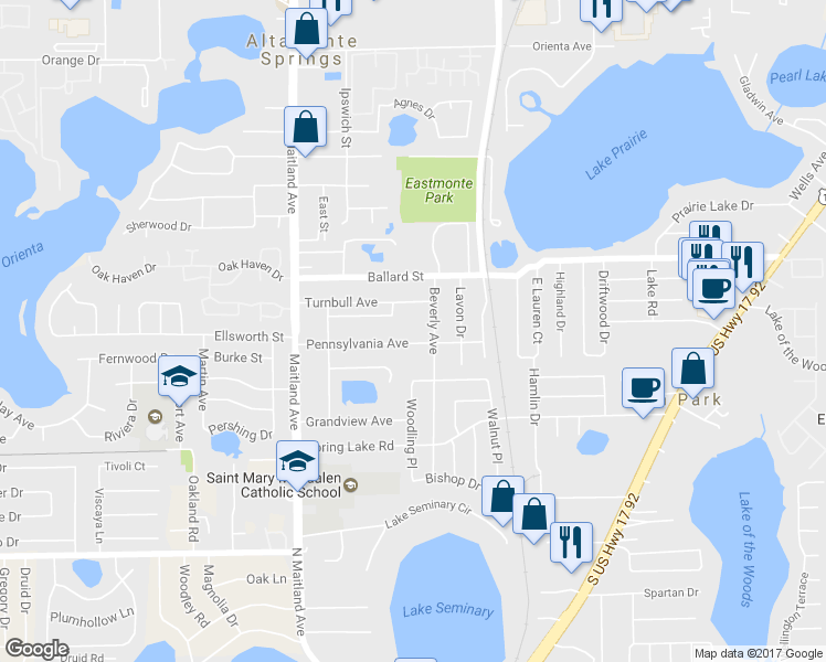 map of restaurants, bars, coffee shops, grocery stores, and more near 839 Pennsylvania Avenue in Altamonte Springs