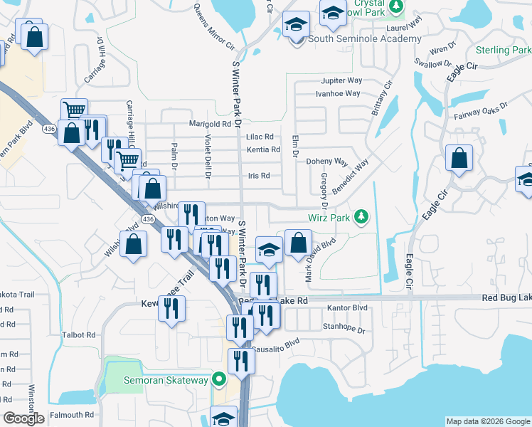 map of restaurants, bars, coffee shops, grocery stores, and more near 803 Debby Drive in Casselberry