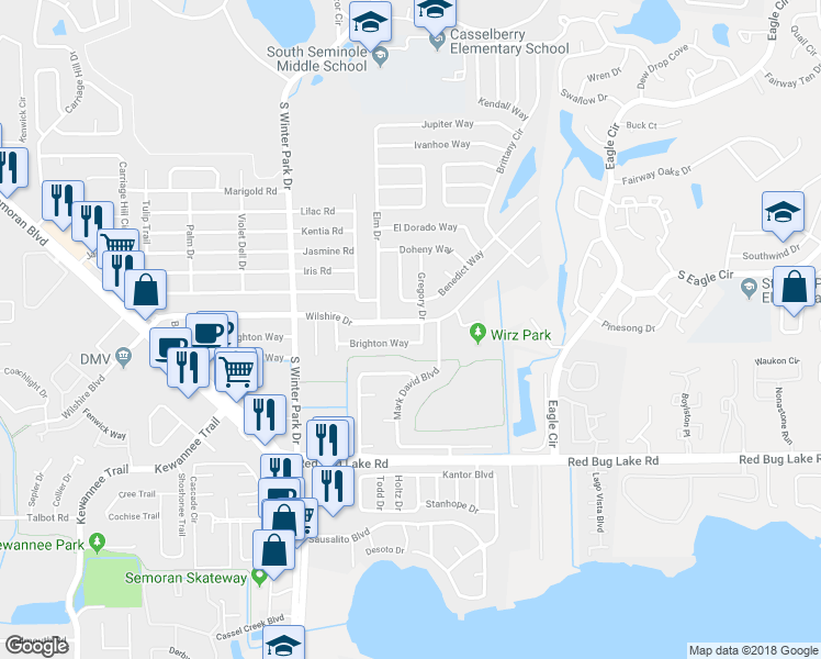 map of restaurants, bars, coffee shops, grocery stores, and more near 523 Wilshire Drive in Casselberry