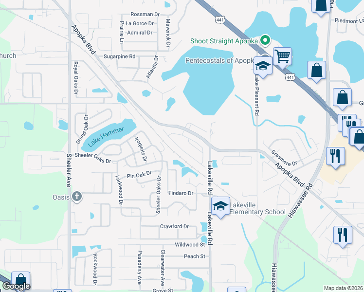 map of restaurants, bars, coffee shops, grocery stores, and more near 1587 Rosedowne Way in Apopka