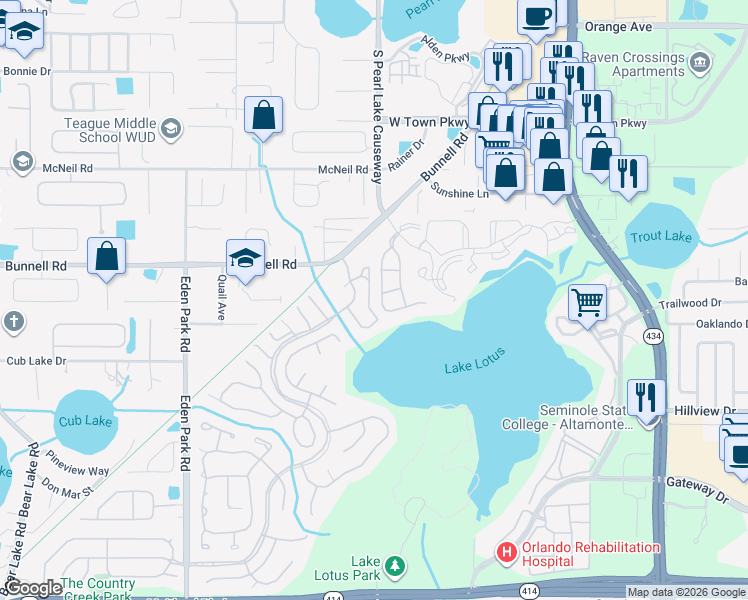 map of restaurants, bars, coffee shops, grocery stores, and more near 573 Northbridge Drive in Altamonte Springs