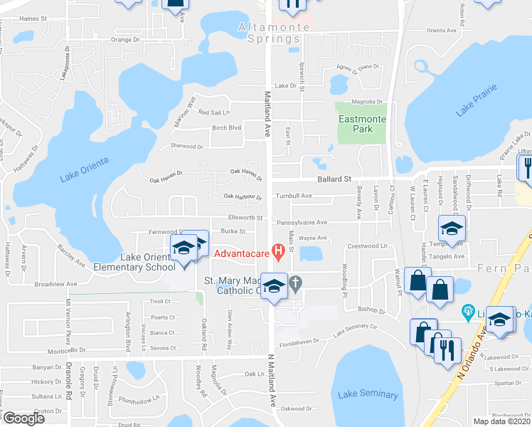 map of restaurants, bars, coffee shops, grocery stores, and more near 639 Ellsworth Street in Altamonte Springs