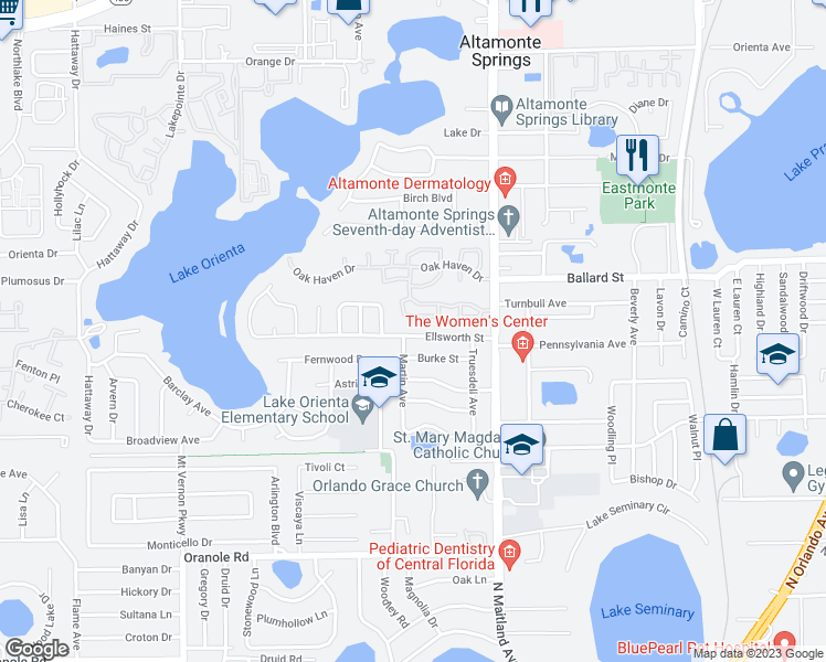 map of restaurants, bars, coffee shops, grocery stores, and more near 615 Ellsworth Street in Altamonte Springs