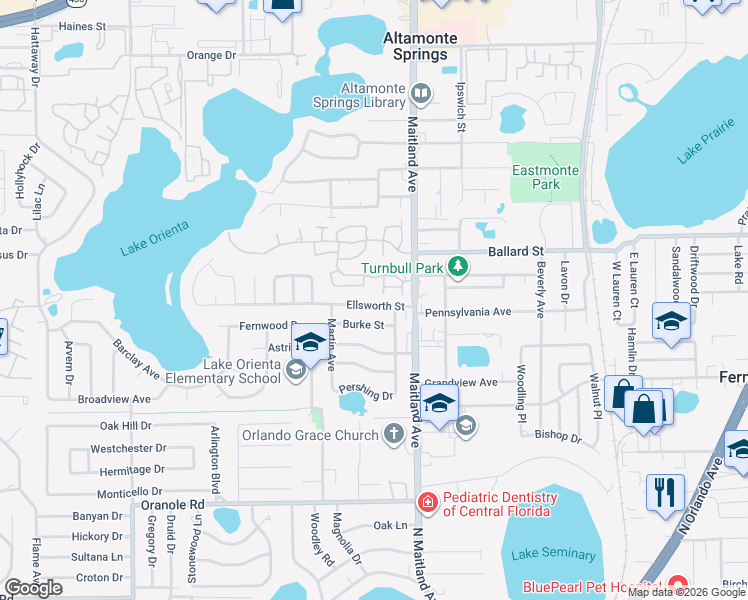 map of restaurants, bars, coffee shops, grocery stores, and more near 627 Ellsworth Street in Altamonte Springs