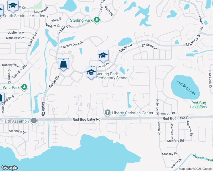 map of restaurants, bars, coffee shops, grocery stores, and more near 1295 Bridlebrook Drive in Casselberry