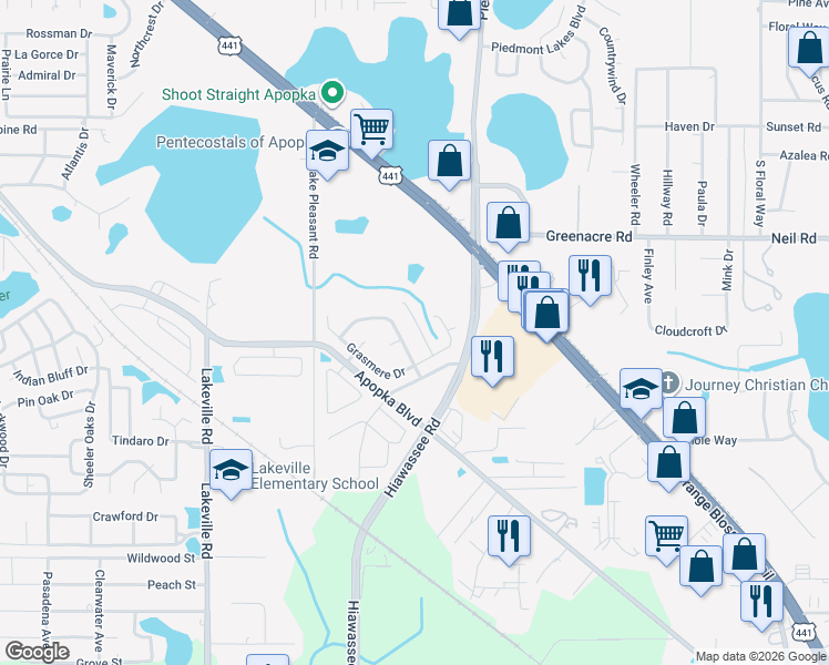 map of restaurants, bars, coffee shops, grocery stores, and more near 1780 Waterbeach Court in Apopka