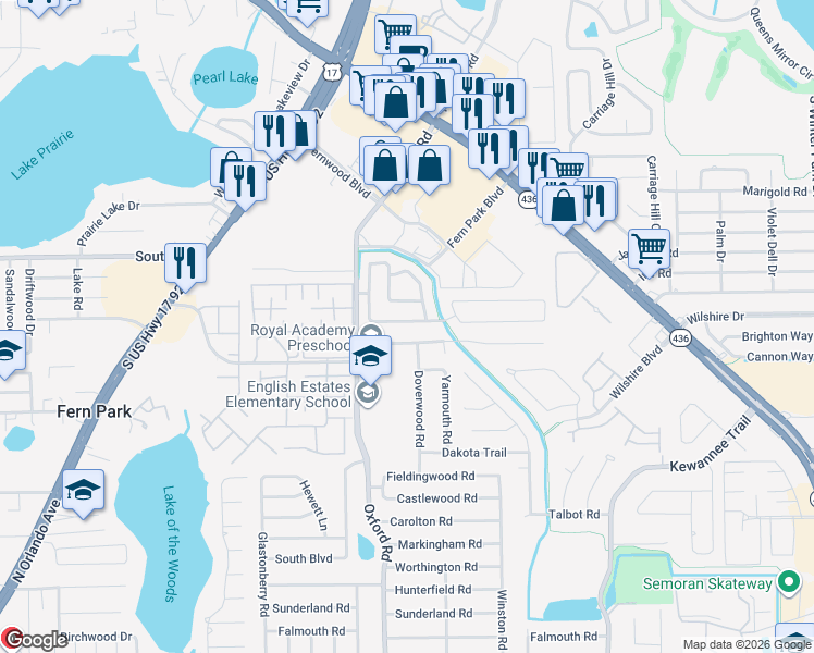 map of restaurants, bars, coffee shops, grocery stores, and more near 122 Waverly Drive in Fern Park