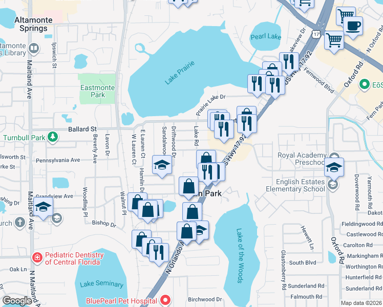 map of restaurants, bars, coffee shops, grocery stores, and more near 308 Ridge Road in Fern Park