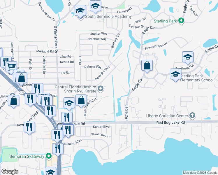 map of restaurants, bars, coffee shops, grocery stores, and more near 811 Wilshire Court in Casselberry