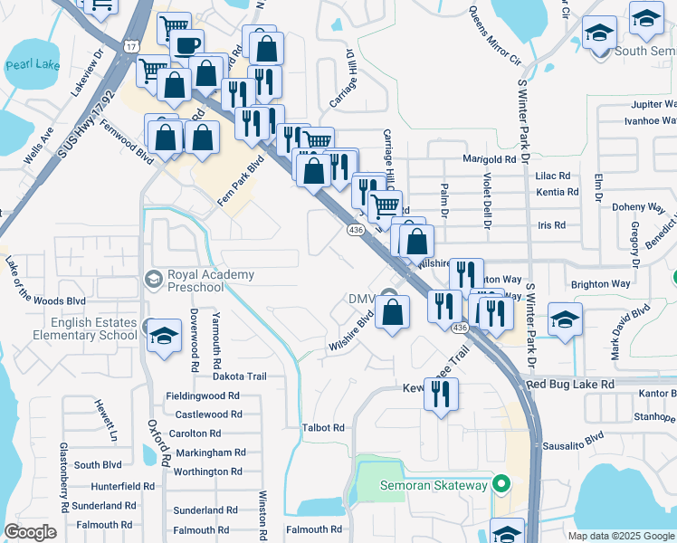 map of restaurants, bars, coffee shops, grocery stores, and more near 220 Maltese Circle in Fern Park