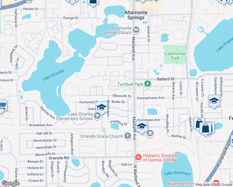 map of restaurants, bars, coffee shops, grocery stores, and more near 615 Ellsworth Street in Altamonte Springs